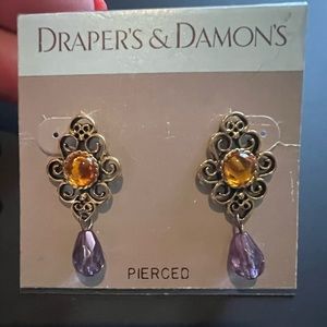 DRAPER’S and Damon’s  Gold Toned Filigree Earrings With Amber and Purple‎